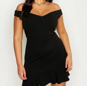 Black Bardot V Neck Dress with Frill Hem